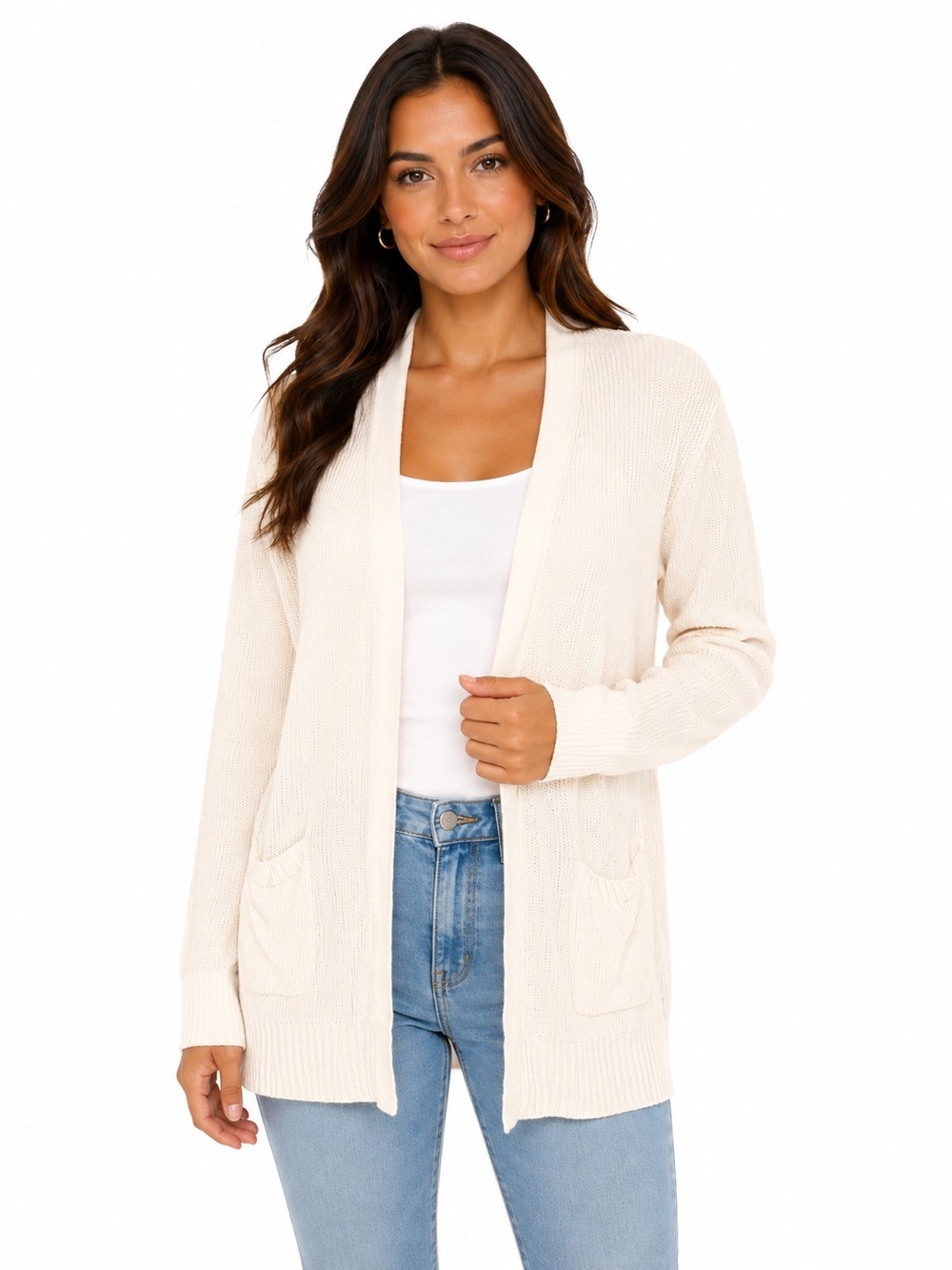 Nine West Cream Open-Front Pocket Cardigan